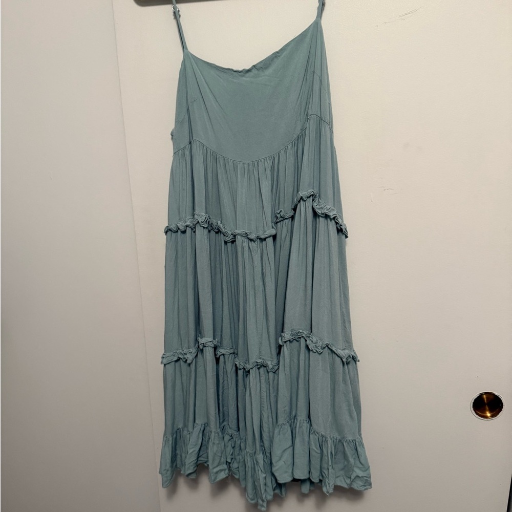 KLD Blue Tiered Ruffle Midi Dress | Pastel Teal Blue | Size L